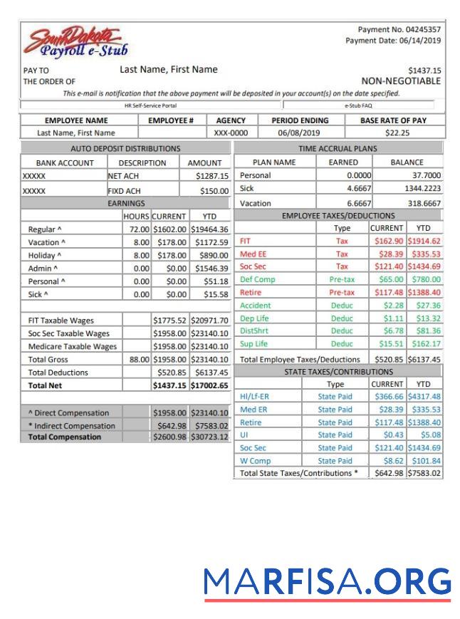 Printable South Dakota payroll e stub download for verification